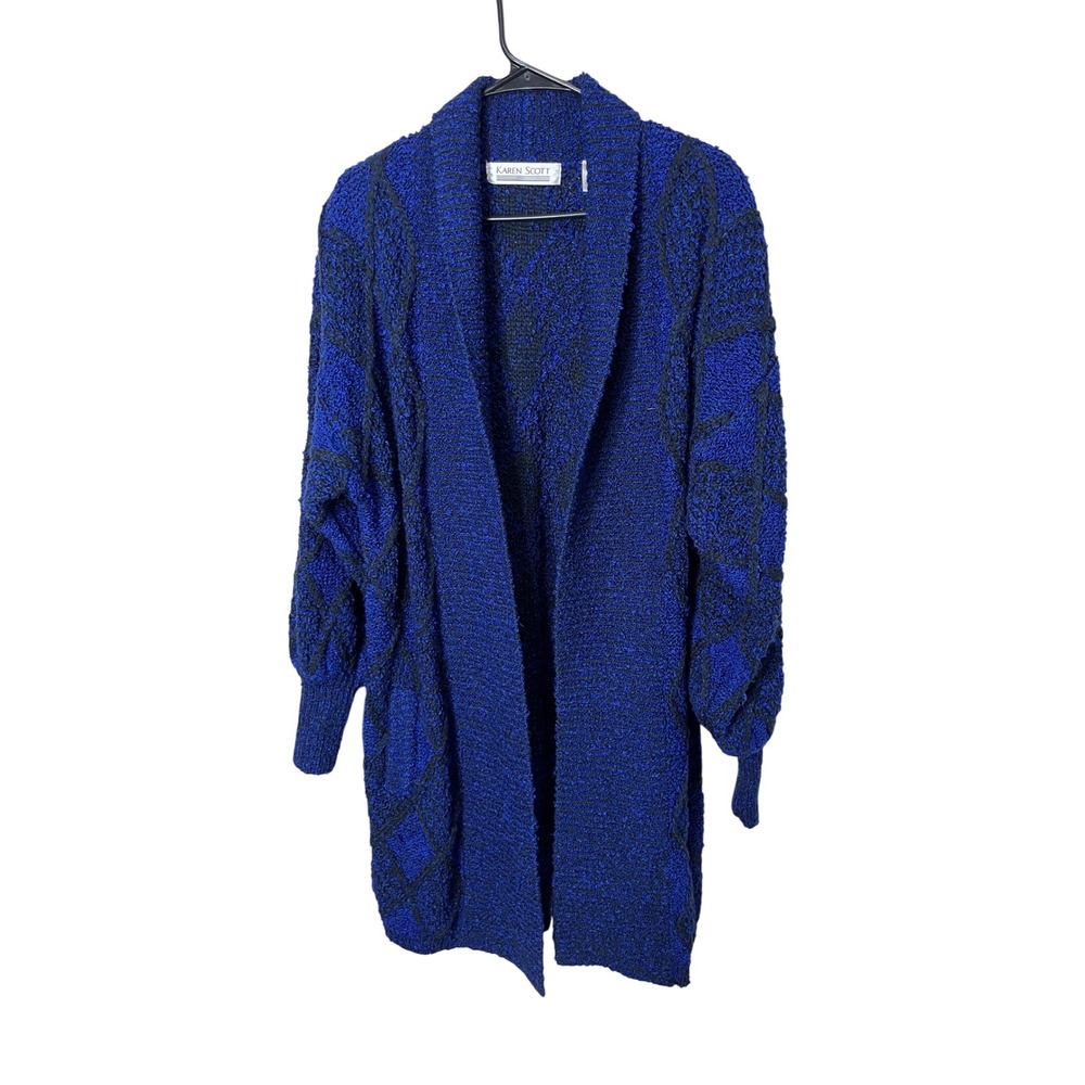 Karen Scott Blue Black Geometric Knit Long Open‎ Front Cardigan Sweater M